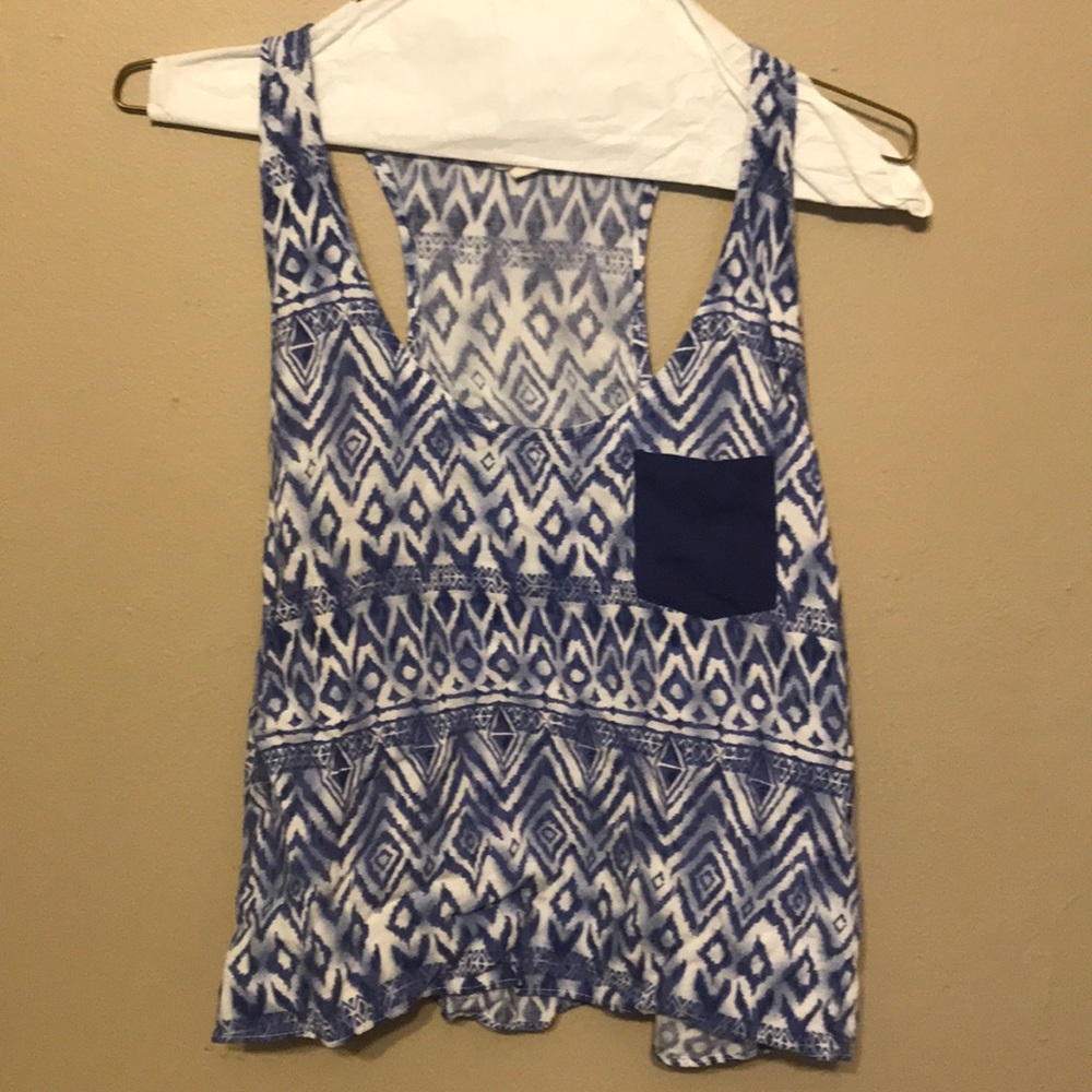 Blue and white tank top with front blue pocket